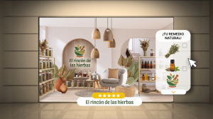 A exposição Herbalista "The Herb Corner" com um design acolhedor e natural, prateleiras com frascos de ervas, óleos essenciais e elementos gráficos para compra online.